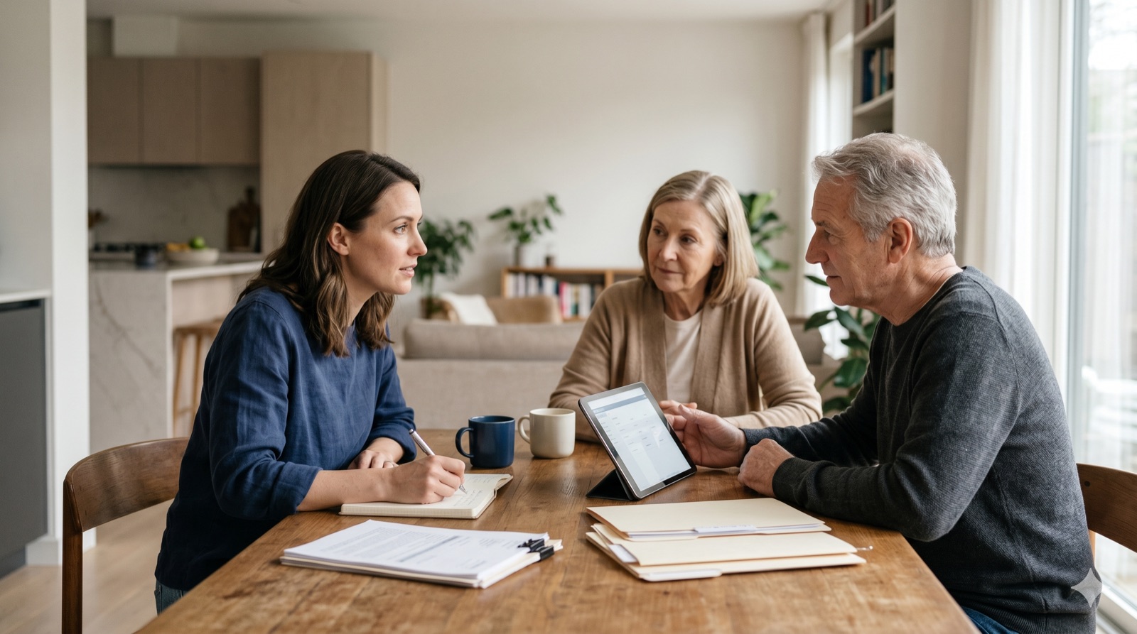 An adult daughter sits at a dining table with her aging parents, taking notes while they review documents and a tablet together.